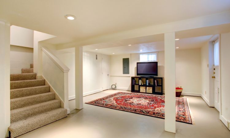 Finished basement with carpeted stairs, white support posts, a TV on a black console and a red patterned rug